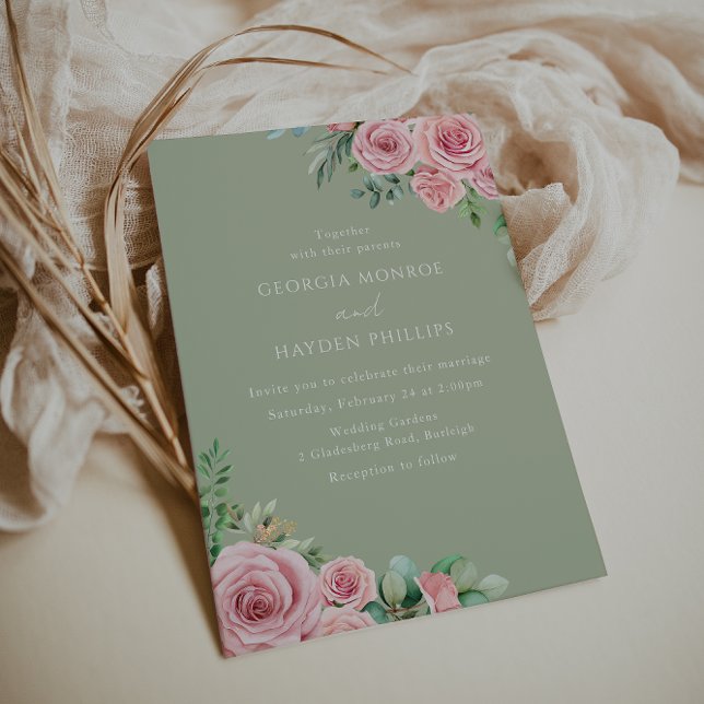 Elegant Blush Pink Floral Sage Wedding Invitation (Creator Uploaded)