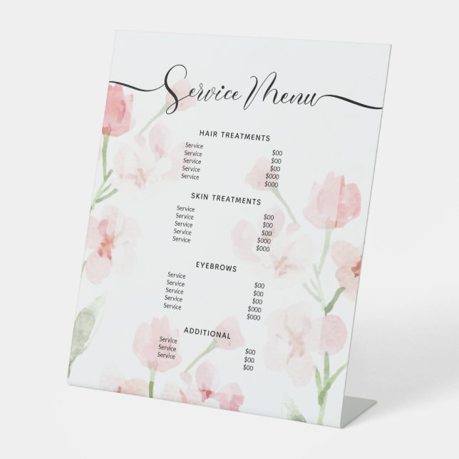 Elegant Blush Pink Floral Salon Price List Menu Pedestal Sign (Front)
