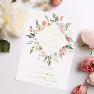 Elegant Blush Pink Floral Save The Date Gold