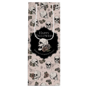 Elegant Blush Pink Floral Skulls Halloween Wine Gift Bag