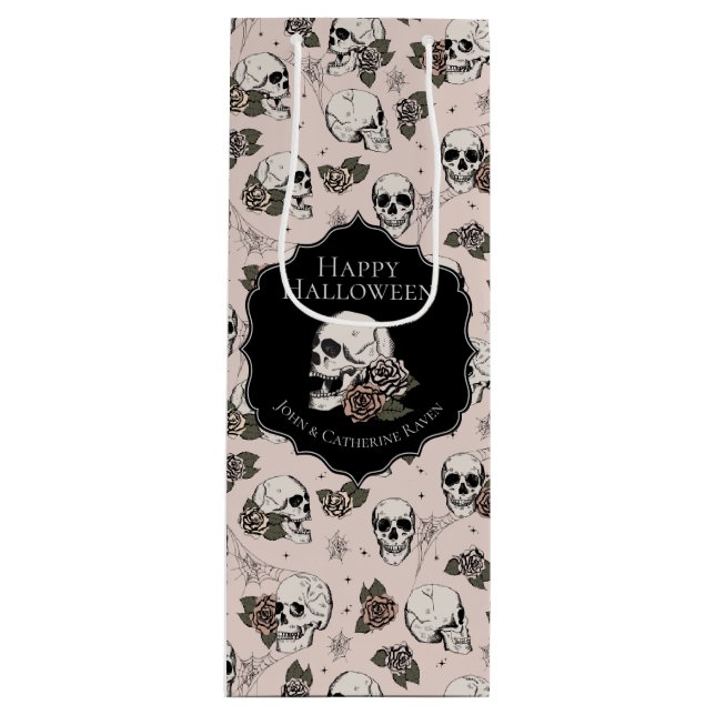 Elegant Blush Pink Floral Skulls Halloween Wine Gift Bag (Front)