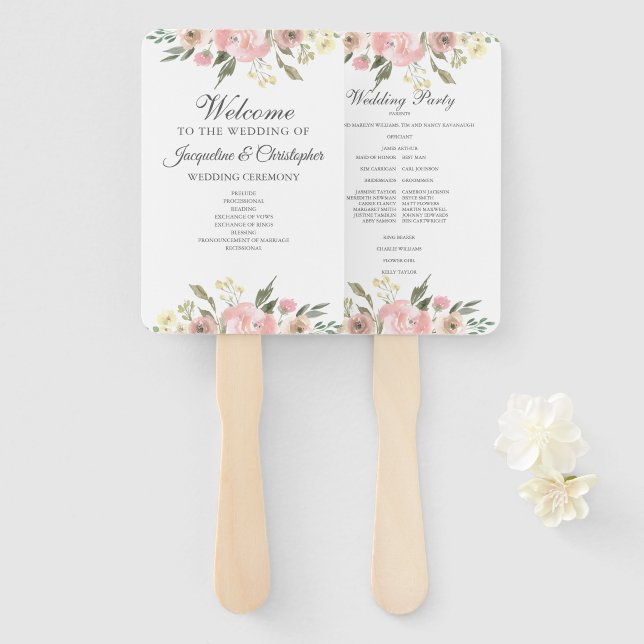 Elegant Blush Pink Floral Spring Wedding Program Hand Fan (Front and Back)