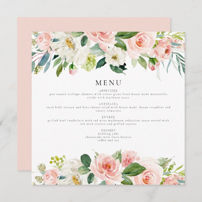 Elegant Blush Pink Floral Square Dinner Menu Card (Front/Back)