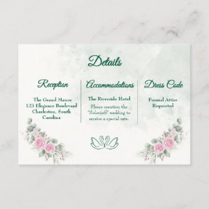 Elegant Blush Pink Floral Swan Wedding Details & I Enclosure Card