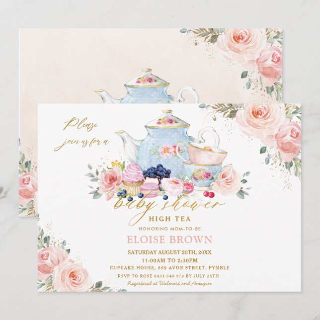 Elegant Blush Pink Floral Tea Party Baby Shower In Invitation (Front/Back)