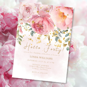 Elegant Blush Pink Floral Watercolor 40th Birthday Invitation