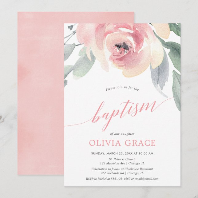Elegant blush pink floral watercolor girl baptism invitation (Front/Back)
