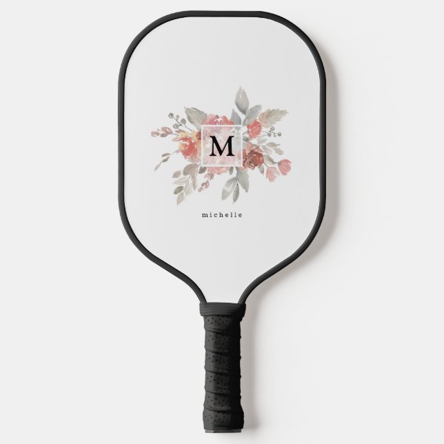 Elegant Blush Pink Floral Watercolor Monogram Pickleball Paddle (Front)