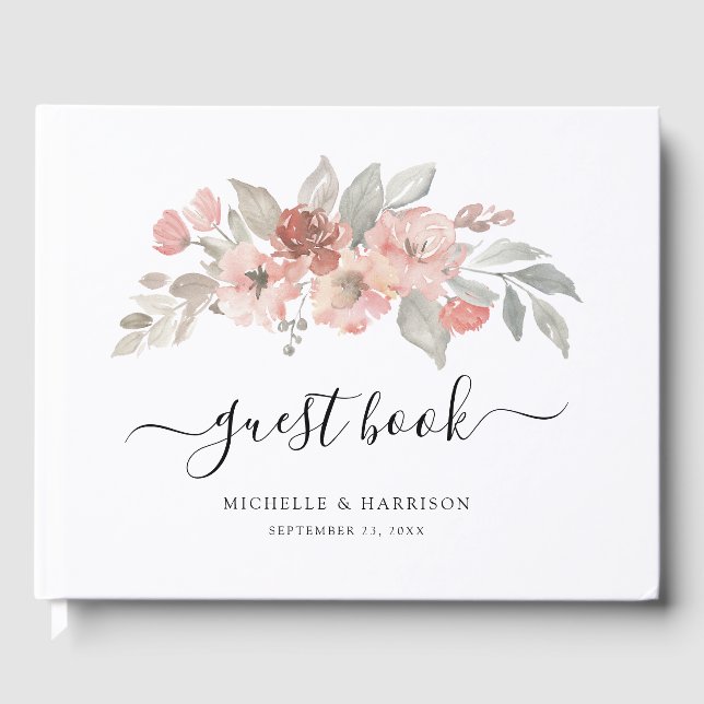 Elegant Blush Pink Floral Watercolor Wedding Guest Book (Front)