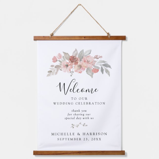 Elegant Blush Pink Floral Watercolor Wedding Hanging Tapestry (Front)