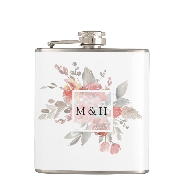 Elegant Blush Pink Floral Watercolor Wedding Hip Flask (Front)