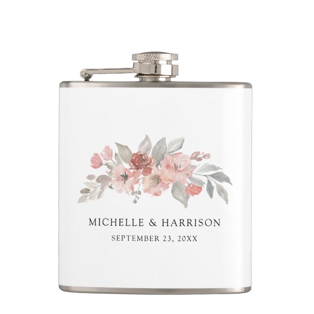 Elegant Blush Pink Floral Watercolor Wedding Hip Flask (Front)