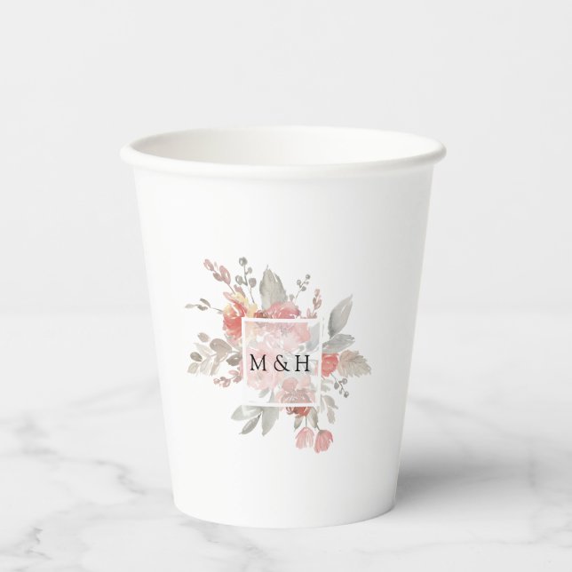 Elegant Blush Pink Floral Watercolor Wedding Paper Cups (Front)