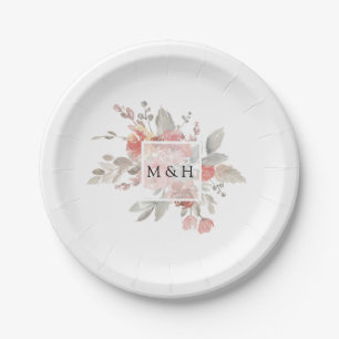 Elegant Blush Pink Floral Watercolor Wedding Paper Plate