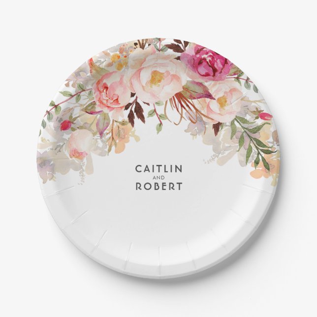 Elegant Blush Pink Floral Watercolor Wedding Paper Plate (Front)
