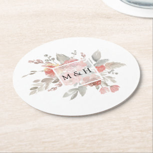 Elegant Blush Pink Floral Watercolor Wedding Round Paper Coaster