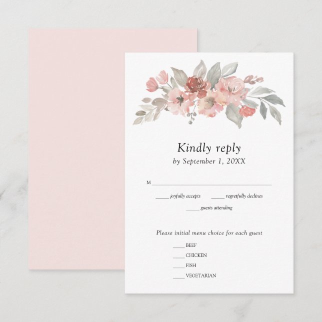 Elegant Blush Pink Floral Watercolor Wedding RSVP Card (Front/Back)