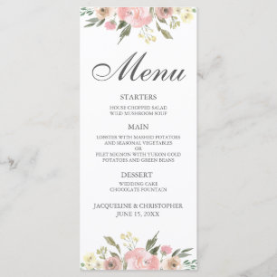 Elegant Blush Pink Floral Wedding 2 Sided Dinner Menu
