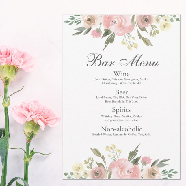 Elegant Blush Pink Floral Wedding Bar Drinks Menu (Creator Uploaded)