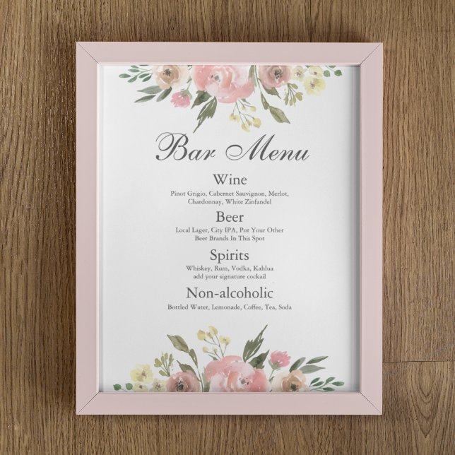 Elegant Blush Pink Floral Wedding Bar Menu Poster (Creator Uploaded)