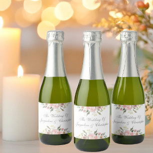 Elegant Blush Pink Floral Wedding Favour Mini Sparkling Wine Label
