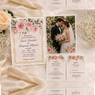 Elegant Blush Pink Floral Wedding Invitation with