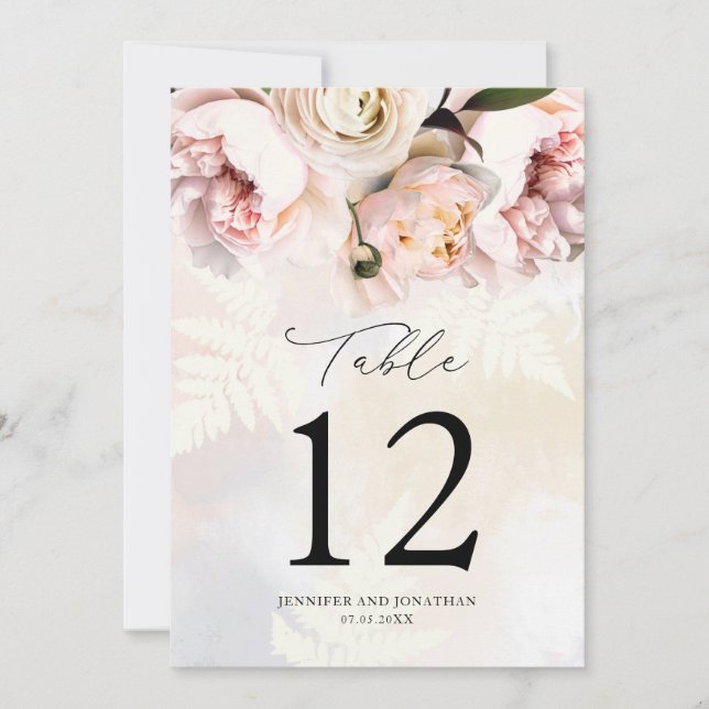 Elegant Blush Pink Floral Wedding Table Numbers (Front)