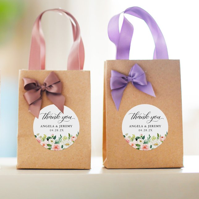 Elegant Blush Pink Floral Wedding Thank You Classic Round Sticker (Creator Uploaded)