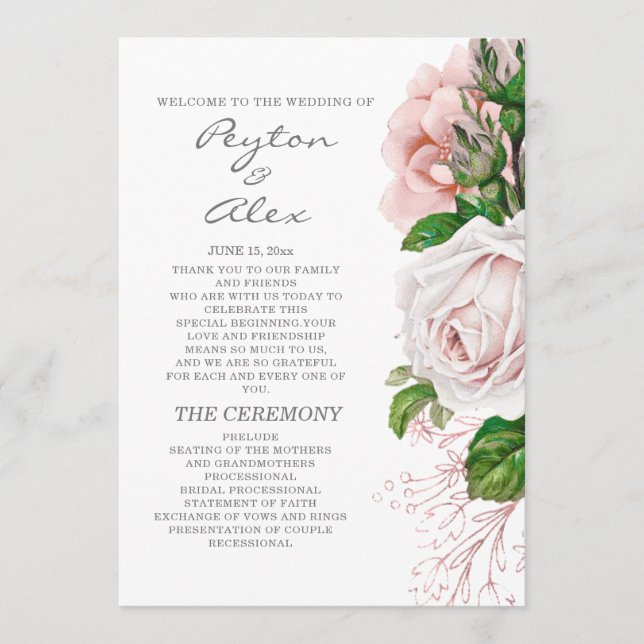 Elegant Blush Pink Floral White Wedding Program Programme (Front)