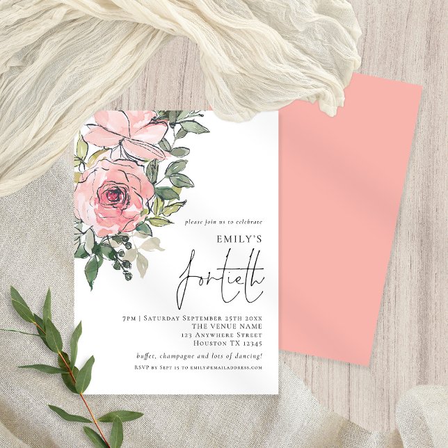 Elegant Blush Pink Florals Fortieth Birthday Party Invitation (Creator Uploaded)