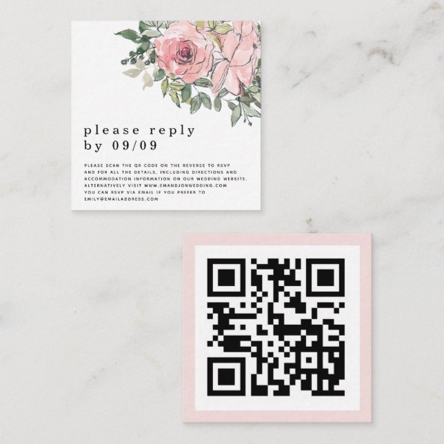 Elegant Blush Pink Florals QR Code Wedding  RSVP Enclosure Card (Front/Back)