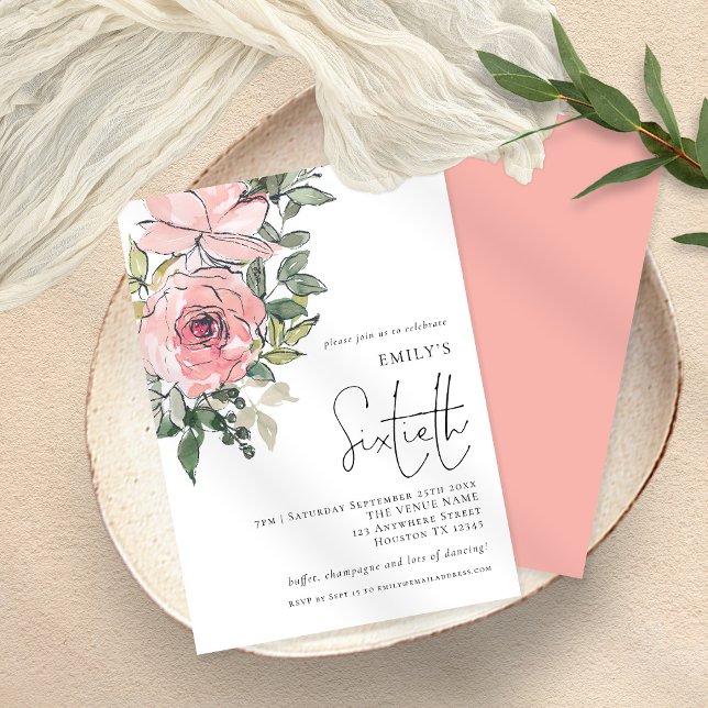 Elegant Blush Pink Florals Sixtieth Birthday Party Invitation (Creator Uploaded)