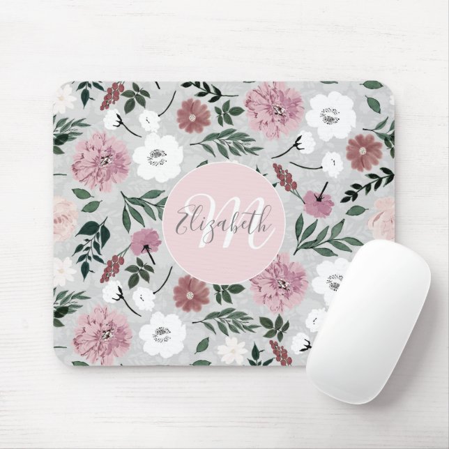 Elegant Blush Pink Flowers Botanical design Mouse Pad (With Mouse)