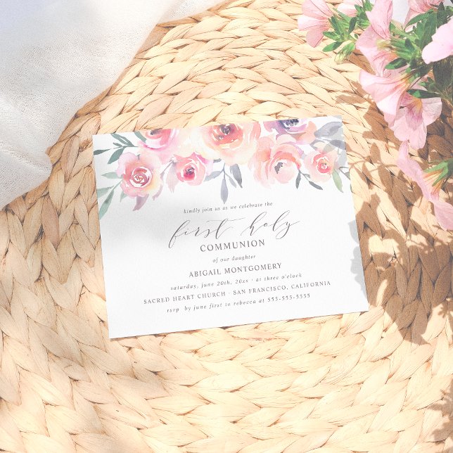 Elegant Blush Pink Flowers First Holy Communion Invitation Postcard (Creator Uploaded)