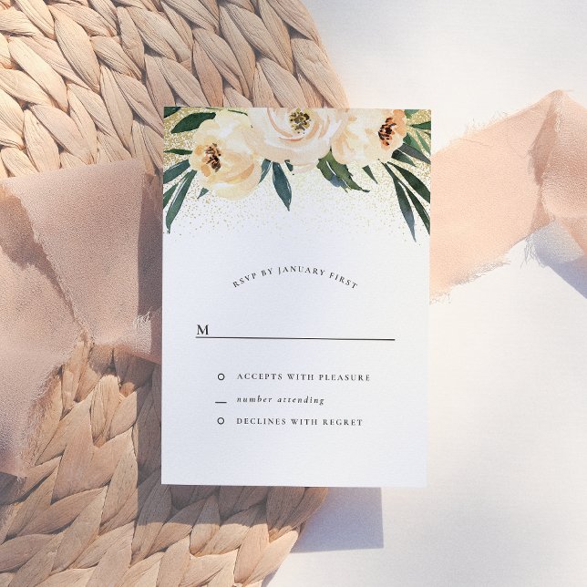 Elegant Blush Pink Flowers & Gold Confetti RSVP (Creator Uploaded)