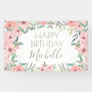 Elegant Blush Pink Flowers Happy Birthday Banner