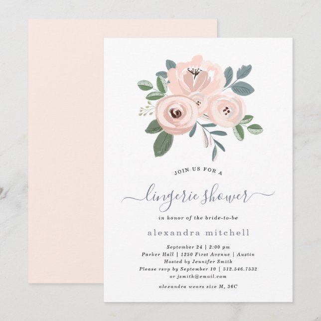 Elegant Blush Pink Flowers | Lingerie Shower Invitation (Front/Back)
