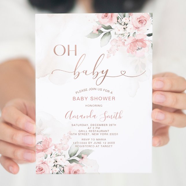 Elegant Blush Pink Flowers Oh Baby Shower Invitation (Creator Uploaded)