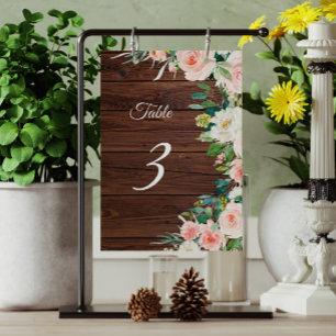 Elegant Blush Pink Flowers Rustic Wood Table Number