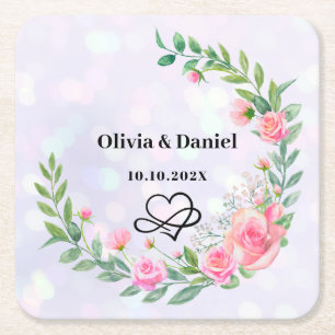 Elegant Blush Pink Flowers Thank You Wedding Square Paper Coaster
