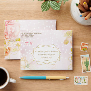 Elegant Blush Pink Geometric Frame Rose RSVP Envelope