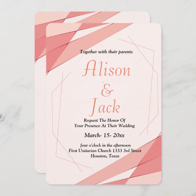 Elegant blush pink geometric frame wedding invitation (Front/Back)