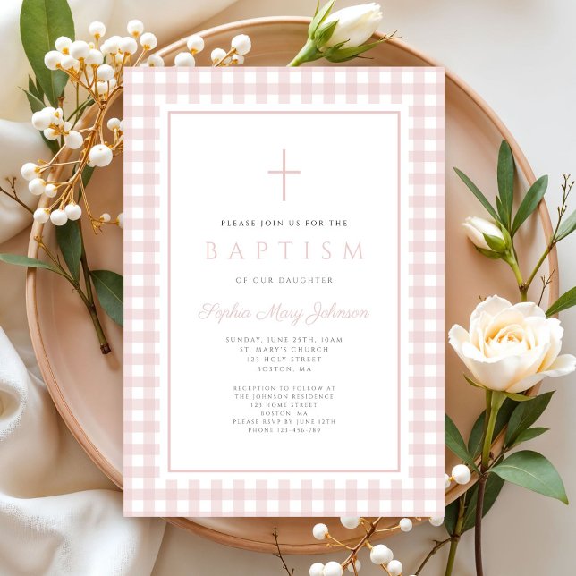 Elegant Blush Pink Gingham Girl Baptism Invitation (Elegant Blush Pink Gingham Girl Baptism Invitation)
