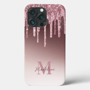 Elegant Blush Pink Glitter Monogram iPhone 13 Pro Case
