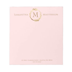 Elegant Blush Pink Gold Botanical Wreath Monogram Notepad