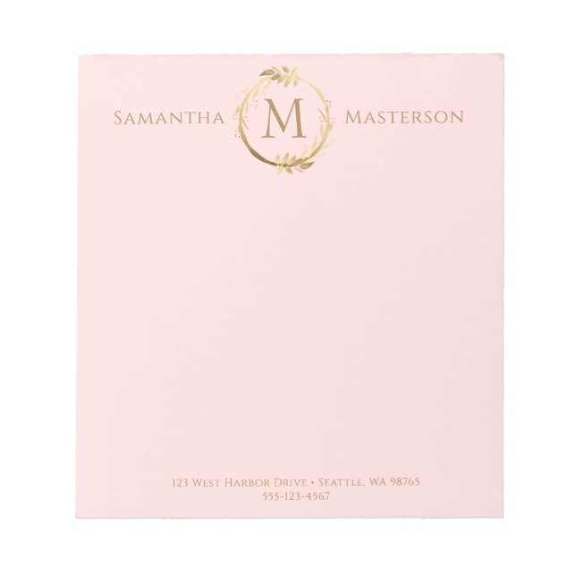 Elegant Blush Pink Gold Botanical Wreath Monogram Notepad (Front)