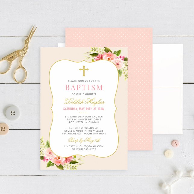 Elegant Blush Pink Gold Floral Baby Girl Baptism Invitation (Creator Uploaded)