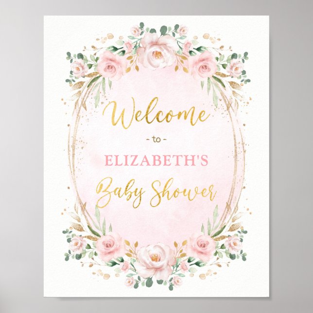 Elegant Blush Pink Gold Floral Baby Shower Welcome Poster (Front)