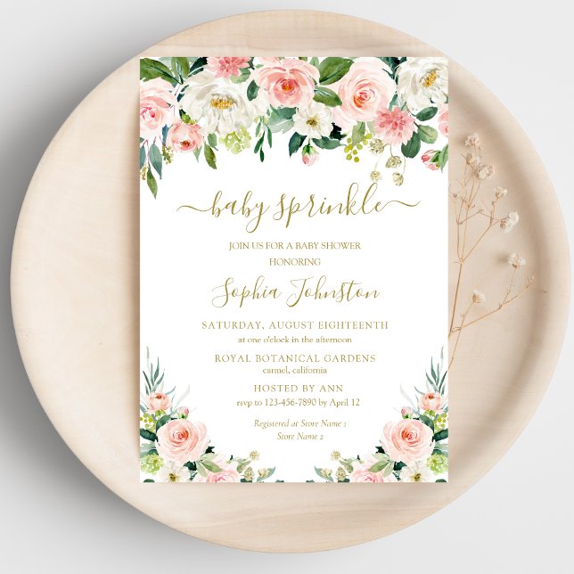 Elegant Blush Pink Gold Floral Baby Sprinkle Invitation (Creator Uploaded)