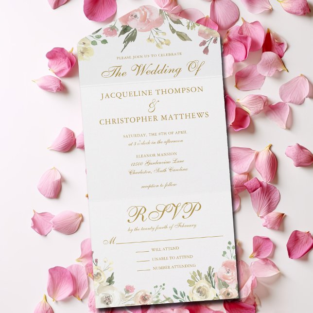 Elegant Blush Pink Gold Floral Garden Wedding All In One Invitation (Creator Uploaded)